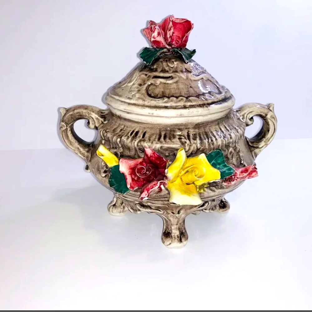 Vintage Rare Capodimonte Covered Dish Floral Hand Painted -  Made in Italy